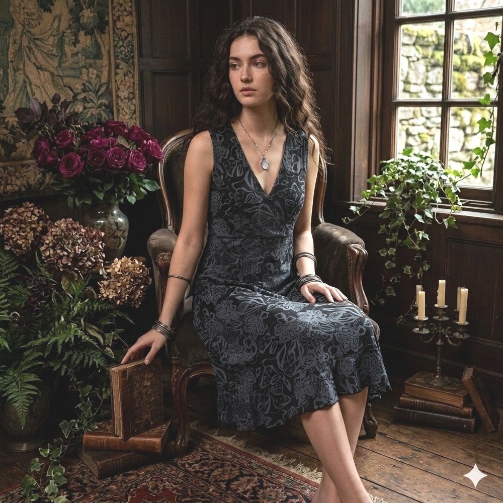 iCANTOO Dark Cottage Fairy Romantic Black Grey Floral Cotton Jersey Dress Sz. M